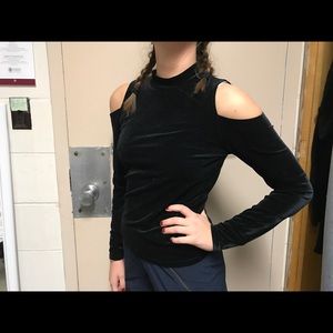 Black velvet long sleeve shirt/ shoulder cut outs
